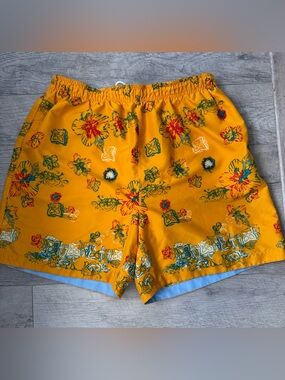 Vintage Daniel Cremieux Surf Gear XL Yellow Floral SwimTrunks Drawstring Pockets